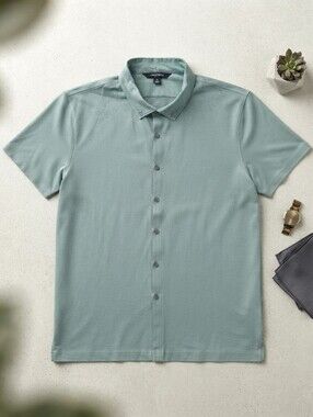 Mercer + Mettle Sage Green Pique Full Button Polo Shirt Sz XL